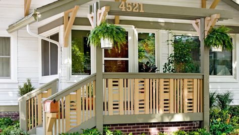 Front Porch Railing Give your home an exterior facelift by replacing worn or dated porch railings with custom wood railings topped by an overhead structure. Unique Deck Railing Ideas, Front Porch Railing Ideas, Porch Railing Designs, Front Porch Railings, Railing Designs, Attic Ideas, Railing Ideas, Wood Railing, Contemporary Exterior