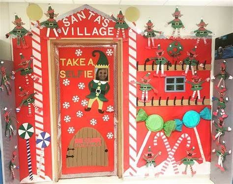 Classroom door decorating contest for the holidays. Santa’s Village ... Santas Workshop Door Classroom, Santas Workshop Theme Decorations, Classroom Christmas Decoration, Christmas Classroom Door Decorations, Holiday Classroom Doors, Christmas Cubicle, Christmas Library, Cubicle Decorations, Classroom Door Decorating