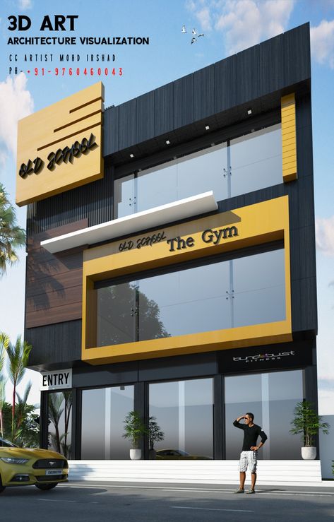 Gym Front Elevation Design, Boutique Hotel Exterior Architecture, Showroom Facade Design Store Fronts, Acp Exterior Design Commercial Building, Gym Elevation Design, Gym Facade Design, G+2 Commercial Building Elevation, Comercial Elevation Design, Acp Exterior Design For Shop