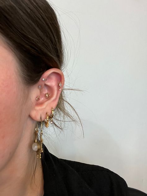 This ear is still a work in progress but added a new drop diamond cartilage piercing. #piercing #earstyling #earstack #piercinginspo #conch Eclectic Ear Piercings, Ear Piercing Styling, Ear Piercing Curation, Curated Ear Piercing, Ear Styling, Conch Jewelry, Curated Ear, Cool Ear Piercings, Cute Ear Piercings