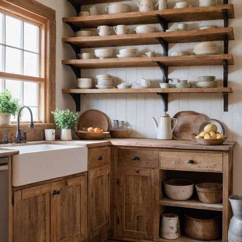 ⚠️LINK IN BIO⚠️ A rustic farmhouse kitchen featuring reclaimed wood cabinets, a classic farmhouse sink, and open shelving showcasing charming kitchenware.A rustic farmhouse kitchen featuring reclaimed wood cabinets, a classic farmhouse sink, and open shelving showcasing charming kitchenware. #Kitchen #Rustic #Farmhouse #ReclaimedWood #OpenShelving Rough Sawn Kitchen Cabinets, Reclaimed Wood Kitchen Cabinets, Rustic Wood Kitchen Cabinets, Reclaimed Kitchen, Reclaimed Wood Cabinet, Rustic Kitchens, Reclaimed Wood Kitchen, Rustic Kitchen Cabinets, Kitchen Rustic