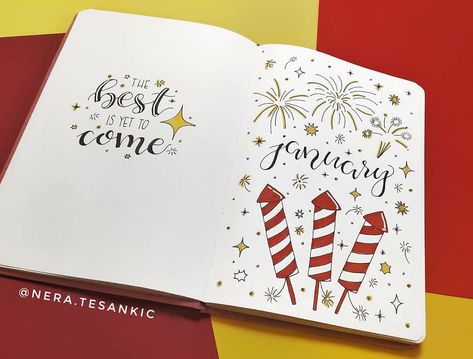 Bullet journal january cover page, fireworks theme, calligraphy, doodles Journal January Cover, Bullet Journal January Cover Page, Bullet Journal January Cover, January Cover Page, Bullet Bullet, Journal January, Bullet Journal Month, Calligraphy Doodles, January Bullet Journal