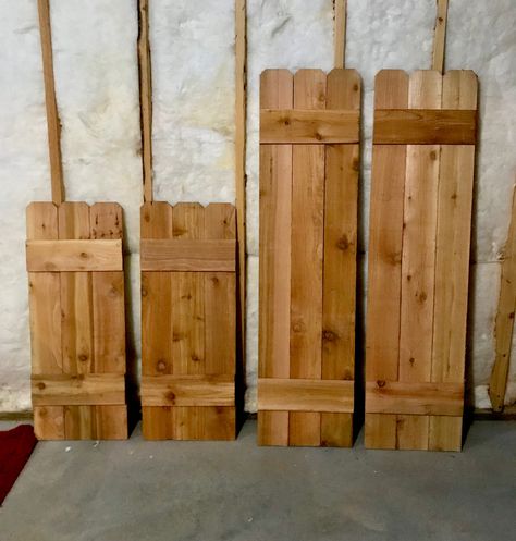 Shutters made from cedar fence pickets...so EASY!! Fence Picket Shutters Diy, Cedar Fence Shutters, Shutters From Fence Pickets, Fence Picket Shutters, Cedar Picket Projects, Diy Cedar Shutters, Cedar Fence Ideas, Cedar Fence Pickets, Outdoor Shutters