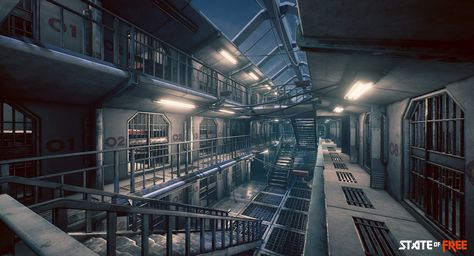 Prison Interior, by @BinaryLatin - https://www.artstation.com/artwork/lyeko #SubstancePainter #SubstanceDesigner #gameart Sci Fi Prison, Prison Interior, Big Houses Interior, Interior Concept Art, Prison Escape, Sci Fi Architecture, Prison Art, Spaceship Interior, 3d Environment