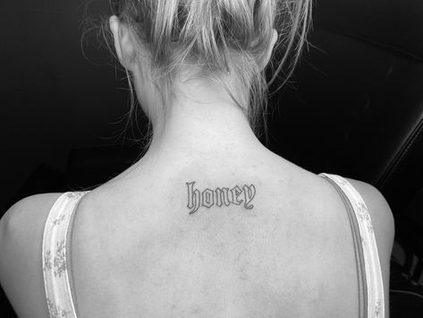 Back Of Neck Word Tattoo, Honey Font Tattoo, Honey Word Tattoo, Honey Tattoo Words Fonts, Gothic Font Tattoo, Honey Tattoo, Tattoo Word Fonts, Font Tattoo, Word Tattoo