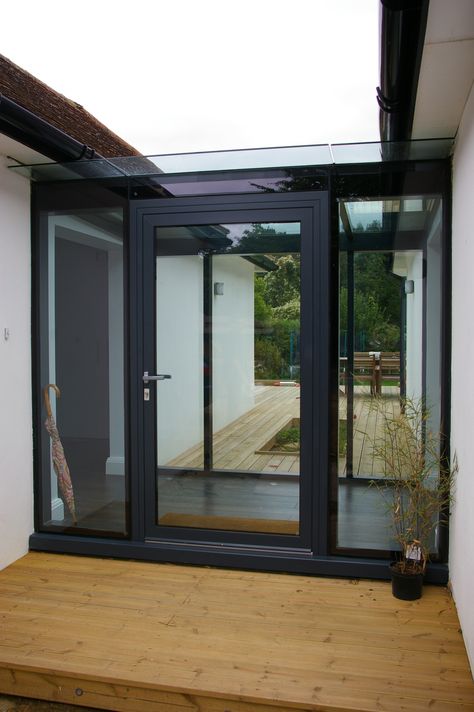 Aesthetic Glass Link Barge Boards, Glass Entrance, Glass Walkway, Bungalow Extensions, Glass Porch, Cottage Extension, Garage Door Ideas, Aesthetic Glass, Extension Plans