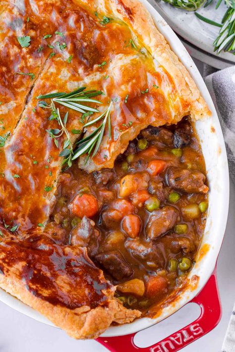 Try this delicious Beef Pot Pie! This beef pot pie is so tender, flavorful, and easy to make. It's topped with flaky puff pastry crust baked until golden brown. Puff Pastry Beef, Puff Pastry Recipes Dinner, Beef Pot Pie Recipe, Beef Pot Pie, Fun Foods To Make, Christmas Pudding Recipes, Butcher Box, Beef Pot Pies, Puff Pastry Crust