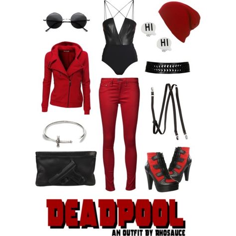 "Deadpool (feminine)" Id change the shoes for solid black boots (closed toe of course) Female Deadpool Costume, Deadpool Outfit, Villain Fashion, Superhero Outfits, Marvel Inspired Outfits, Deadpool Costume, Deadpool Marvel, Closet Cosplay, Villain Outfits