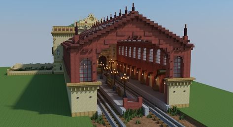 Minecraft Resident Evil, Underground Railroad Minecraft, Create Mod Train, Railroad Minecraft Ideas, Minecraft Medieval Train Station, Minecraft Airport Ideas, Minecraft Railroad Station, Minecraft Rail Station, Minecraft Parking Garage