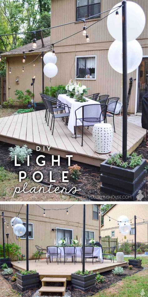 These DIY light pole planters were so easy to build! Just a little scrap lumber and wow! #lights #outdoorlights #diy #deck #patio #buildplans #planters #landscaping #hanginglights #stringlights #uglyducklinghouse Planters Landscaping, Patio 2023, Patio Images, Diy Garden Patio, Staycation Ideas, Garden Patio Decor, Patio String Lights, Diy Light, Light Pole