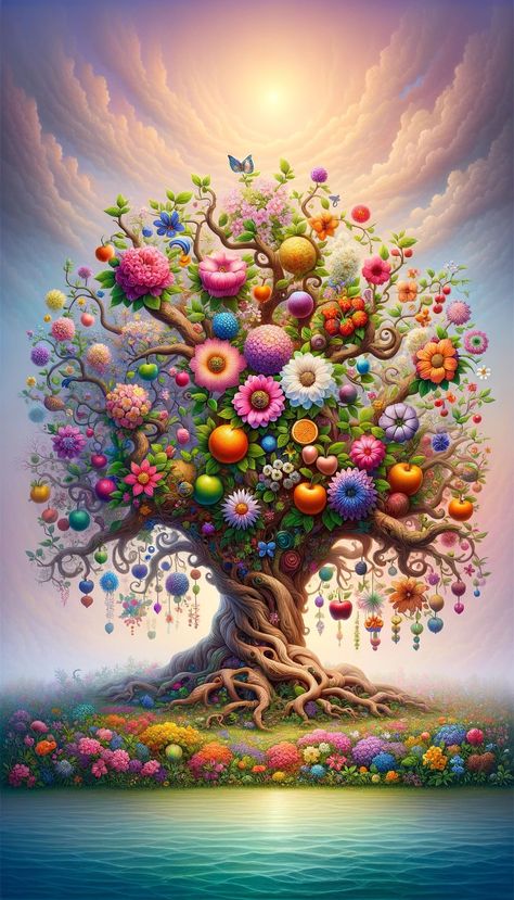 A digital painting of a whimsical spring tree with colorful flowers and fruits World Oceans Day, Whimsical Art Paintings, Tree Of Life Art, Beautiful Art Pictures, Photo Competition, Spring Wallpaper, Flower Art Images, Spring Painting, Colorful Trees