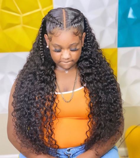 Curly Lace Front With Braids, Croshade Hair Styles, 2 Lines Hairstyle For Black Women, Soft Hairstyles Black Women, Two Braids With Weave In The Back Curly, Braids In Front Ponytail In Back, Frontal With Fishtail Braid, Two Braids In Front With Hair Down Curly, Cornrow Front Curly Weave Back