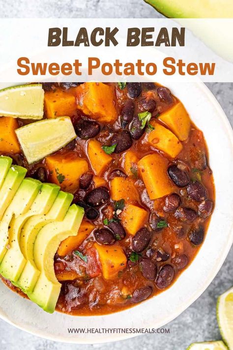 Thick and hearty Black Bean Sweet Potato Stew is a vegetarian recipe featuring a blend of colorful vegetables, black beans, and seasonings. Sweet Potato Stew Crockpot Vegetarian, Sweet Potato Black Bean Stew, Sweet Potato Beans Recipes, Black Bean And Sweet Potato Soup, Sweet Potato Stew Recipes, Black Bean Sweet Potato Soup, Blackbean Sweetpotato, Sweet Potato Meals, Nutritious Soups