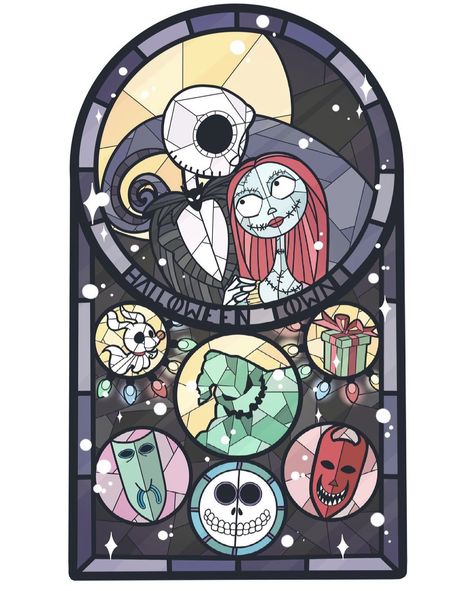 Disney Stained Glass, Nightmare Before Christmas Drawings, Nightmare Before Christmas Tattoo, Nightmare Before Christmas Wallpaper, Christmas Tattoo, Tim Burton Art, Tim Burton Movie, Diy Disney Shirts, Stained Glass Christmas