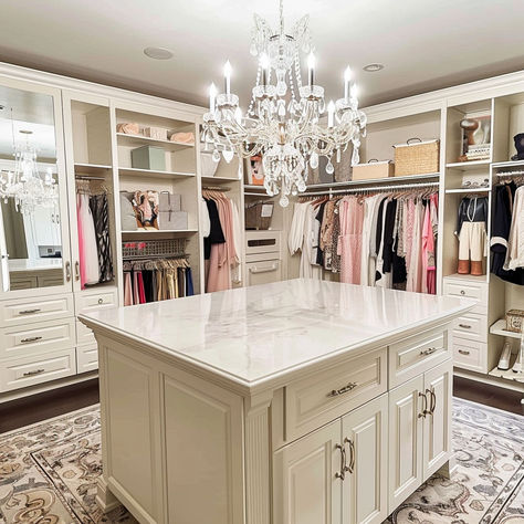 Chandelier Closet Walk In, Her Master Closet Design, Glam Walk In Closet Ideas, Master Walk In Closet Ideas Luxury, Closet Island Ideas, Lux Closet, Huge Walk In Closet, Luxurious Walk In Closet, Kitchen Island Styling