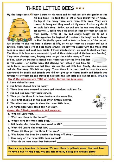 RC: Three Little Bees - English ESL Worksheets for distance learning and physical classrooms Esl Reading Comprehension, Reading Fluency Passages, Esl Reading, Fluency Passages, Esl Teachers, Reading Stories, Teaching Jobs, Reading Fluency, Reading Levels