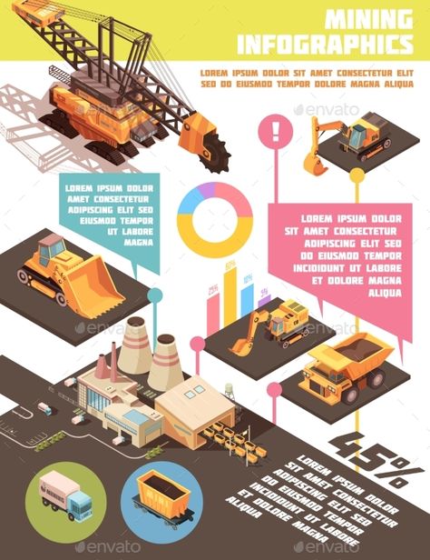 Infographic mining poster with composition of isometric images graphs and editable text with plant and machinery vector illustrati Mining Poster, Industry Infographic, Pinterest Infographic, Scientific Poster Design, Tech Stack, Scientific Poster, Flat Color Palette, Infographic Inspiration, Mining Industry