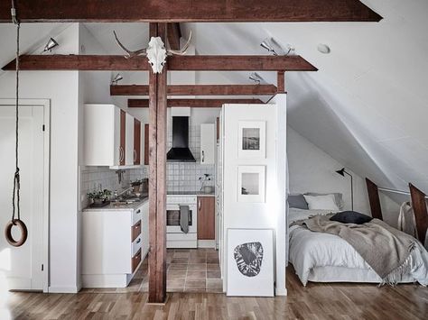 Dreamy Scandinavian attic studio | Daily Dream Decor | Bloglovin’ Attic Studio Apartment, Scandinavian Attic, Attic Conversions, Attic Studio, Attic Renovation Ideas, Studio Layout, Tiny Room, Attic Loft, Interior Design Minimalist