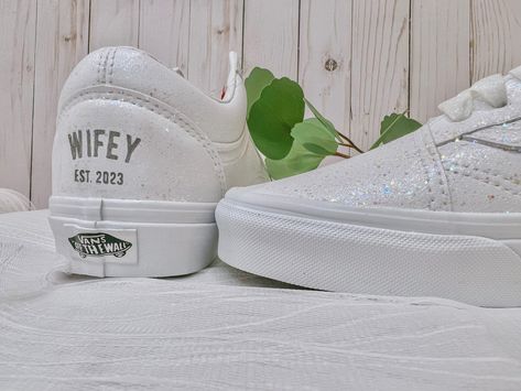 Sparkle Wedding Shoes, Customized Vans, Baby Converse Shoes, Wedding Vans, Wedding Shoes Sneakers, Vans High Tops, Glitter Vans, Slip On Tennis Shoes, Leather Vans