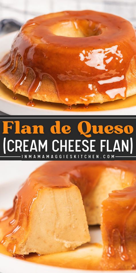 Flan de queso (or cream cheese flan) is a delicious dessert that is simply irresistible. It has a creamy texture and rich caramel sauce that’ll make you beg for seconds. Flan Recipe Mexican Cream Cheeses, Cheesecake Flan Recipe, Flan Flavors, Flan Recipe Mexican, Cream Cheese Flan Recipe, Baked Flan Recipe, Cheese Flan Recipe, Cheese Flan, Cream Cheese Flan