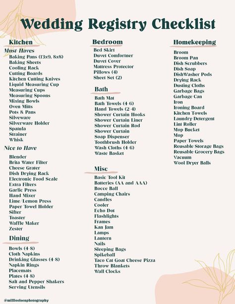 Free Wedding Registry Checklist Printable  to help you jump start on ideas on what to register for when you are overwhelmed with wedding planning.   Non-inclusive wedding registry checklist that is a starting point for your wedding registry. For those that have been living together or will be moving in together for their first time after they get married. Will You Get Ready With Me Wedding, What To Put On Your Registry Wedding, Things To Put On Registry Wedding, Where To Register For Wedding, Wedding Decor Checklist Printable, Ultimate Wedding Decor Checklist, What To Ask For On Your Wedding Registry, Things To Do For Your Wedding, Wedding Food List