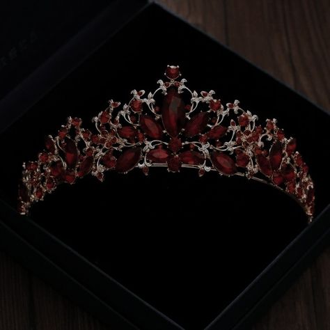 Black Crown With Red Jewels, Ruby Crown Aesthetic, Dark Red Quinceanera Crown, Red Tiara Aesthetic, Red Crown Aesthetic, Crown With Red Jewels, Dark Red Crown, Red Royalty Aesthetic, Red Princess Aesthetic