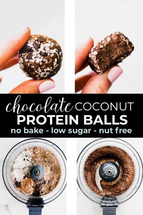 These protein balls are an amazingly delicious, gluten free snack that's also low carb, vegan, and nut free. Making this no bake recipe is quick and easy, and they're freezer-friendly, too! Featuring sweet coconut, allergy-friendly chocolate, unrefined sugar, and creamy sunflower or nut butter. You'll crave this healthy chocolate coconut protein snack often! #paleo #keto #snacks #vegan #lowcarb #protein #energyballs Protein Balls Low Sugar, Coconut Protein Balls, Protein Bites Recipe, Chocolate Protein Balls, Gluten Free Snack, No Bake Recipe, Protein Balls Recipes, Coconut Protein, Healthy Protein Snacks