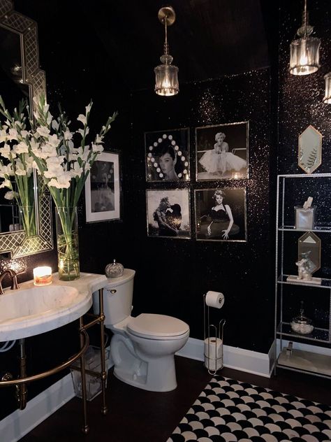 Witchy Glam Decor, Art Deco Gothic Interior, Dark Bathroom Accent Wall, Chic Goth Decor, Unique Bathroom Backsplash Ideas, Hollywood Bedroom Decor, Speakeasy Bathroom, Gothic Chic Decor, Gothic Bathroom Ideas