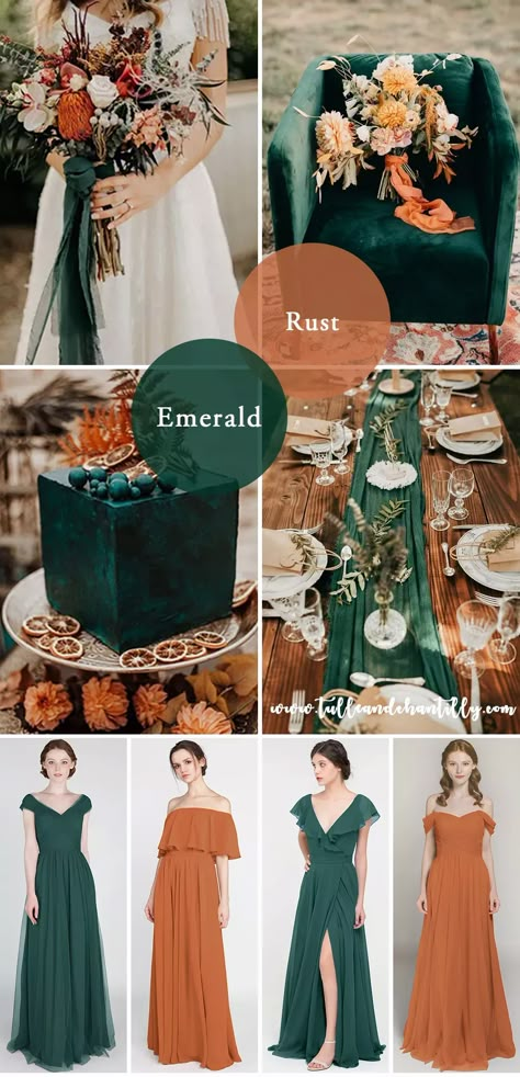 2023 fall wedding color palette in rust and emerald Emerald Green And Burnt Orange Wedding Theme, Emerald And Rust Wedding Flowers, Fall Wedding Green And Gold, Green And Rust Wedding Colors, Green Rust Wedding Theme, Emerald Orange Wedding, Fall Wedding Bridesmaid Dresses Green, Emerald Green And Orange Wedding Theme, Rust Green Wedding