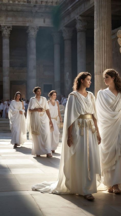 Ancient Greek Priestess, Roman Dress Ancient, Grecian Aesthetic, Roman Empire Aesthetic, Ancient Rome Fashion, Ancient Rome Clothing, Ancient Greece Clothing, Ancient Greece Fashion, Ancient Greek Clothing