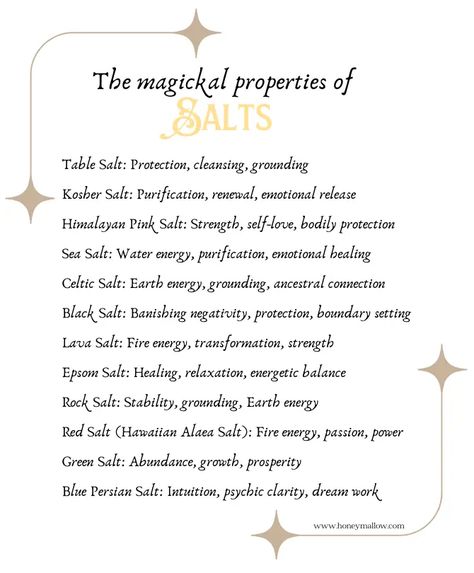 magickal correspondences of different types of salt Epsom Salt Magical Properties, Seashell Magical Properties, Salt Properties Magic, Himalayan Pink Salt Magical Properties, Salt Magical Properties, Elemental Salt, Sea Salt Magical Properties, Salt Properties, White Candle Magic