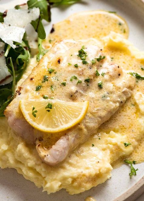 Overhead photo of Baked Fish with Lemon Cream Sauce on a plate with mashed potato and a side salad (rocket parmesan balsamic dressing) Fish With Potatoes, White Fish Recipes Baked, Cream Sauces, Dinner Recepies, Lemon Cream Sauce, Baked Fish Fillet, Lemon Cream Sauces, White Fish Recipes, Fish Recipes Baked