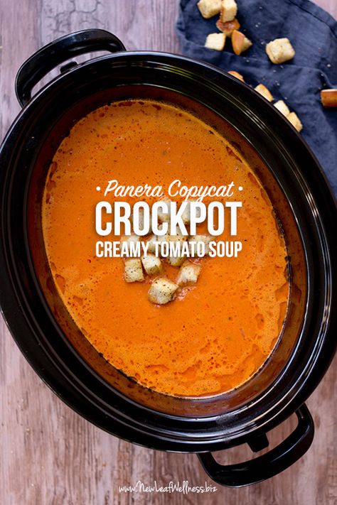 Crock Pot Tomatoes Soup, Tomato Puree Recipes Dinners, Doctored Up Tomato Soup, Recipes With Tomato Puree, Crockpot Tomato Soup With Fresh Tomatoes, Tomato Soup Crock Pot, Focaccia Croutons, Panera Tomato Soup Recipe, Soup Panera