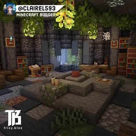 Minecraft Lodge Interior, Giant Minecraft Houses, Minecraft Underground Enchanting Room, Minecraft Interior Survival, Minecraft Witch Interior Design, Survival World Ideas Minecraft, Minecraft Survival World Ideas, Minecraft Fantasy Interior, Minecraft Forge Ideas