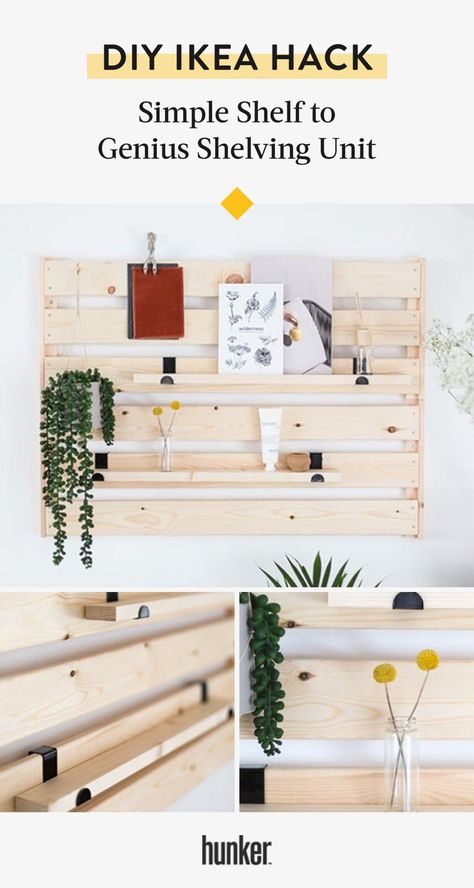 This #DIY is the quickest way to add a cool, minimal #shelving unit to any wall in your home. It's great for smaller spaces, like hallways and a home office, creating areas of interest as a less obstructive version of a traditional shelf. #ikea #ikeahack Minimal Shelving, Ikea Hejne, Ikea Bed Slats, Minimal Shelves, Shelf Ikea, Ikea Shelf, Traditional Shelves, Ikea Wall, Monkey 2