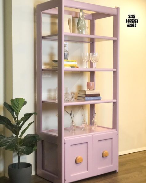 Pastel Bookcase, Lavender Bookshelf, Lilac Home Decor, Refinished Bookcase, Purple Bookshelf, Purple Bookshelves, Bookshelf Decoration, Furniture Makeover Inspiration, Purple Rooms