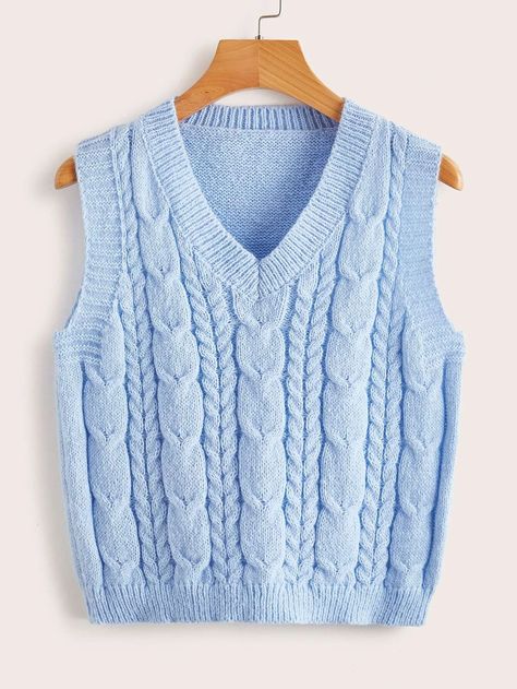 Blue Knitted Vest, Fitted Knit Sweater Vest In Blue, Light Blue Sweater Vest, Cable Knit Sweater Vest Blue, Fitted Blue Knit Sweater Vest, Blue V-neck Knit Vest, Strawberry Shortcake Outfits, Solid Sweaters, Sweater Vest Women