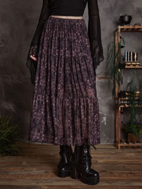 Goth All Over Print Ruffle Hem Skirt | SHEIN USA Goth Skirt, Ruffle Hem Skirt, Earthy Outfits, Witchy Fashion, Purple Skirt, Women Skirts, Hem Skirt, Hippie Outfits, Outfit Inspo Fall