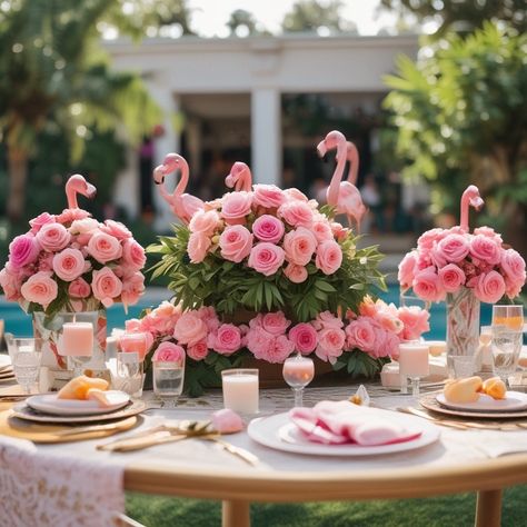 Flamingo Birthday Party Centerpiece, Flamingo Flower Arrangement, Flamingo Party Table Setting, Pink Tropical Centerpieces, Flamingo Themed Table Setting, Flamingo Theme Wedding Decor, Classy Flamingo Party, Palm Royale, Palm Springs Party