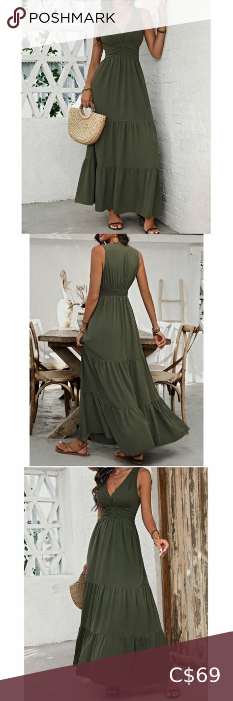 Boho V-Neck Pleated Waist Dress Army Green Baddie Aesthetic, Beach Birthday, Vacation Outfit, Contemporary Minimalist, Cruise Travel, Aesthetic Colors, Light Academia, Wedding Night, Travel Light