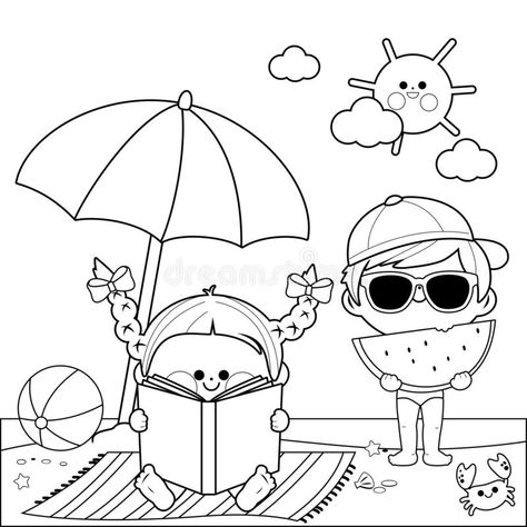 Children at the beach reading a book and eating a slice of watermelon under a beach umbrella. Black and white coloring book page. A boy and a girl at the beach royalty free illustration Boy On Beach, Girl At The Beach, Watermelon Illustration, Beach Drawing, Beach Clipart, Activity Sheets For Kids, Printables Free Kids, Summer Clipart, Summer Illustration