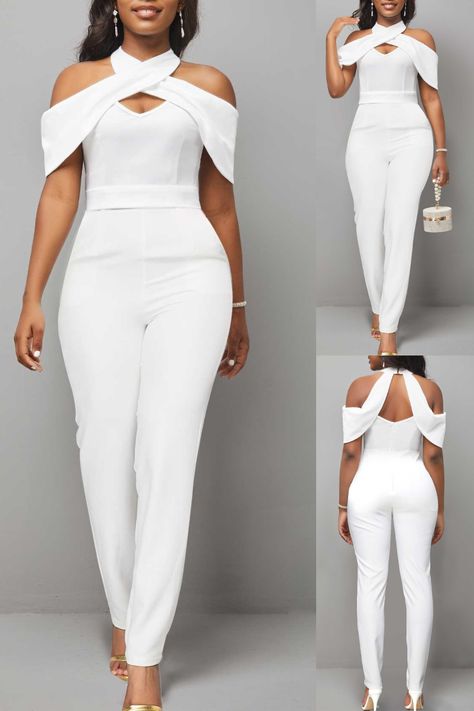 Effortlessly chic in white! This jumpsuit features a cold shoulder cut, short sleeves, and a flattering silhouette. The high and rounded choker collar adds a touch of elegance. Perfect for summer parties, date nights, and special occasions. 🌟 #Fashionista #JumpsuitStyle #Elegance Short Sleeve Jumpsuit, Short Sleeve Jumpsuits, Date Nights, Shoulder Cut, Jumpsuit With Sleeves, Choker Collar, Jumpsuit Fashion, Summer Parties, Dress Styles