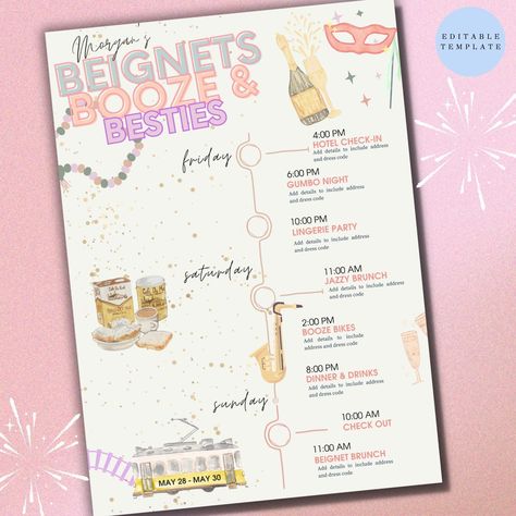 New Orleans Bachelorette Weekend Itinerary Digital/Beignets/Printable - Bachelorette Party Itinerary.- Instant Download/Editable Template New Orleans Bachelorette Party, New Orleans Bachelorette, Party Itinerary, Bachelorette Party Itinerary, Bachelorette Weekend Itinerary, Bachelorette Itinerary, Weekend Itinerary, Lingerie Party, Bachelorette Weekend