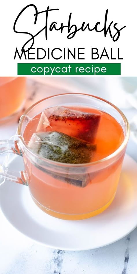 This copycat Starbucks Medicine Ball Tea only has four ingredients and is perfect to make at home in the cold months. You just need lemonade, honey, mint tea, and peach tea to warm your bones! | www.persnicketyplates.com Starbucks Tea Recipes, Medicine Ball Recipe, Starbucks Medicine Ball Tea, Starbucks Medicine Ball Recipe, Medicine Ball Tea, Starbucks Medicine Ball, Sugar Free Lemonade, Passion Tea Lemonade, Starbucks Tea