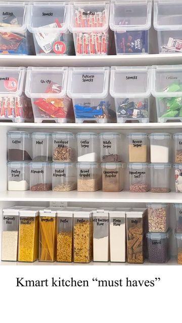 Emma | Melbourne AU on Instagram: "Kmart Kitchen “must haves” - One of my most asked questions is : where you do you get your snack tubs from? The answer is from @kmartaus ; they are called “clear pantry storer on wheels” . I use them for storing my kids snacks for school & noodles. Also can be used for storing potatoes, onions, fruit etc. I love how much they fit and how functional they are. They can be stacked on top of each other and used in the laundry too. All the storage containers I use f Bunnings Storage Ideas, Pantry Organisation Kmart, Corner Pantry Organization Kmart, School Snack Storage Ideas, Pantry Organization Kmart Australia, Kmart Pantry Organisation Australia, Kmart Pantry Organisation, Pantry Organization Kmart, Kmart Hacks Australia