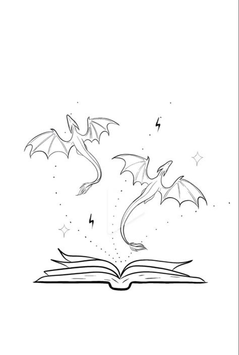 Dragon Flying Out Of Book Tattoo, Romantasy Tattoo Ideas, Flying Dragon Illustration, Books Sketch Drawing, Forth Wing Tattoos, Tairn Fourth Wing Tattoo, Fourth Wing Coloring Pages, Fourth Wing Embroidery, Things To Draw On Cards