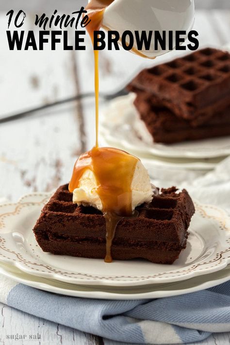 These Waffle Brownies are a fun take on waffles that you can even eat for dessert. Dangerously delicious and dangerously quick, these super chocolate waffles are ready in just 10 minutes. #sugarsaltmagic #wafflebrownies #waffles #chocolatewaffles Waffle Brownies, Waffle Iron Brownies, Waffles Dessert, Iron Meals, Iron Foods, Brownie Waffles, How To Make Waffles, Waffle Ice Cream, Chocolate Waffles