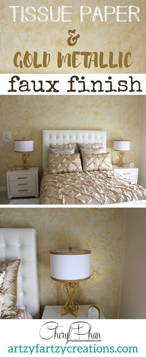 Gold Metallic Tissue faux finish - adds great texture to any accent wall. Painting tips and techniques by Cheryl Phan of ArtzyFartzyCreations.com #fauxfinish #diywall #diygoldwall #diyaccentwall #texturewall Gold Accent Wall, Wall Painting Techniques, Diy Wall Painting, Diy Accent Wall, Wall Texture Design, Faux Painting, Accent Wall Bedroom, Texture Paint, Wall Texture