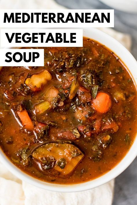 Whole30 Mediterranean Vegetable soup is the perfect weeknight dinner or lunch! Simple to make, no chopping required! This soup is vegan, paleo, gluten free, grain free and perfect for meal prep too! Mediteranean Diet Crockpot Recipes, Meditterean Soup Recipes, Mediterranean Soup Recipes Crock Pot, Mediterranean Diet Soups And Stews, Mediterranean Freezer Meals, Fall Mediterranean Recipes, Medetrainian Recipes, Mediterranean Crock Pot Recipes, Mediterranean Diet Lunches