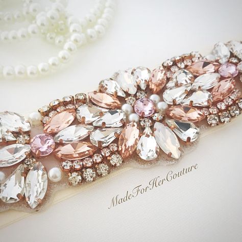 Rose Gold Belt, Pearl Applique, Embroidery Belt, Bridal Sash Belt, Beadwork Embroidery, Bead Embroidery Tutorial, Blush Bridal, Gold Belt, Rose Gold Crystal